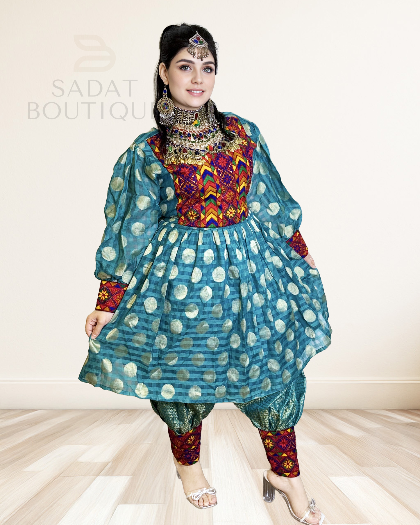 Teal Afghan Traditional Modern Dress Sadat Boutique