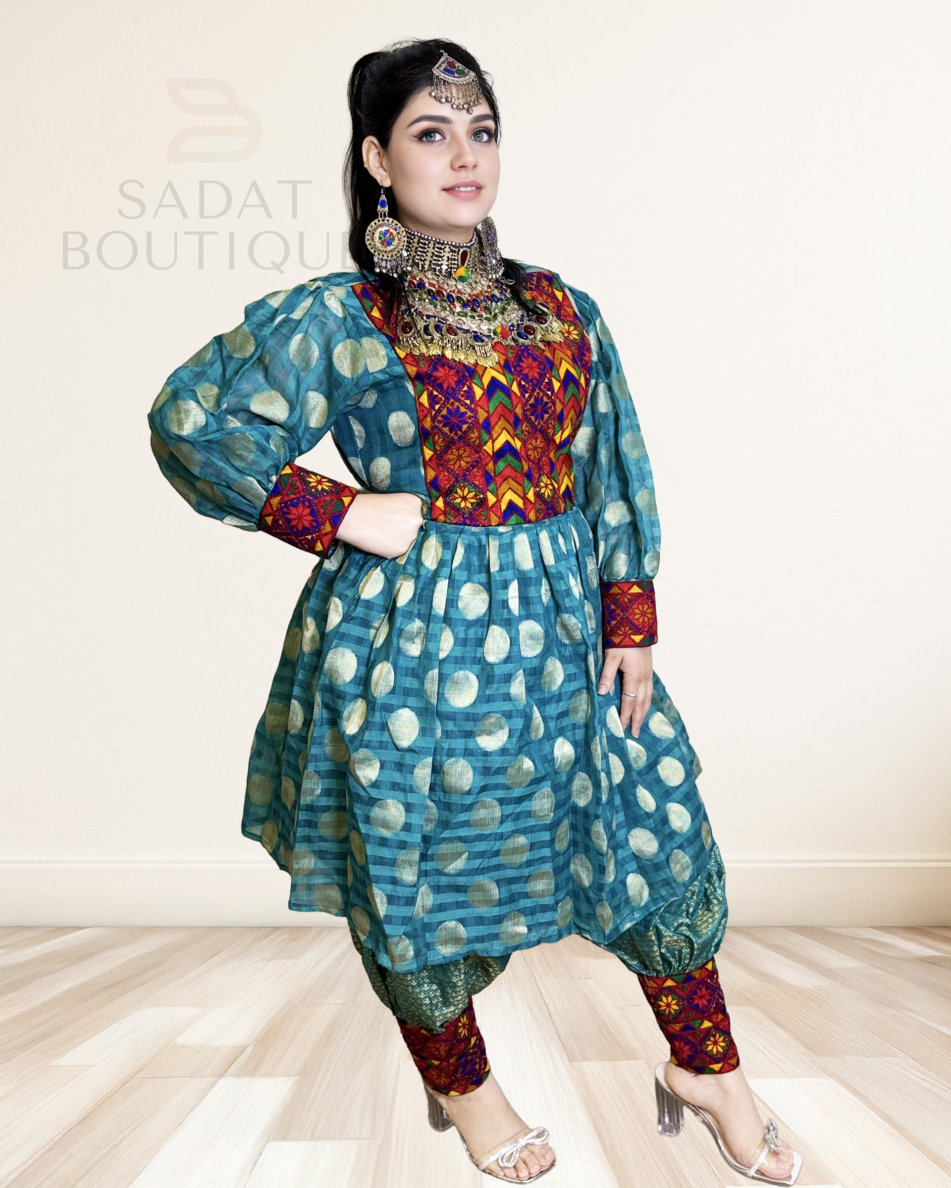 Teal Afghan Traditional Modern Dress Sadat Boutique