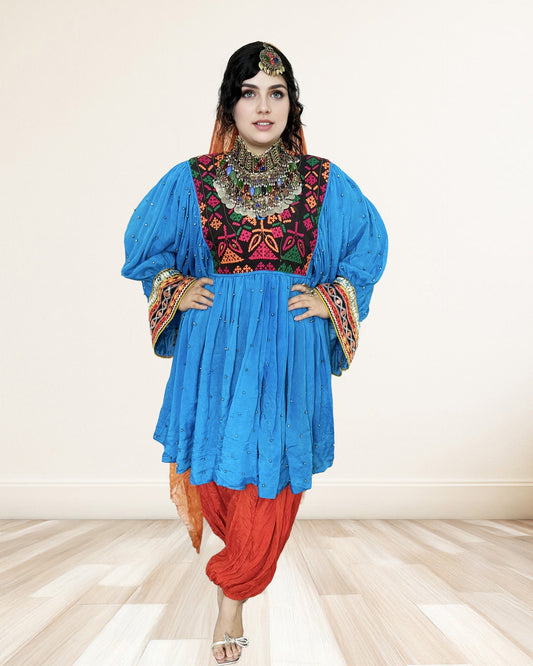 Turquoise Blue Traditional Afghan Dress – Embroidered Elegance with Playful Charm Sadat Boutique
