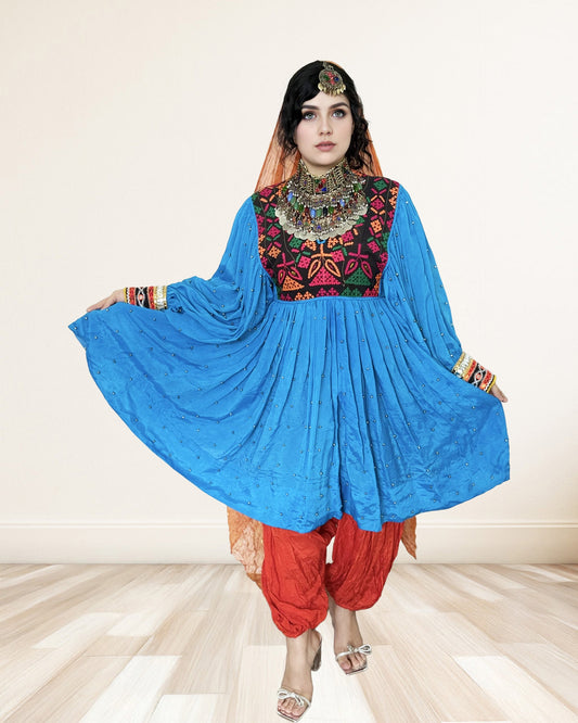 Turquoise Blue Traditional Afghan Dress – Embroidered Elegance with Playful Charm Sadat Boutique