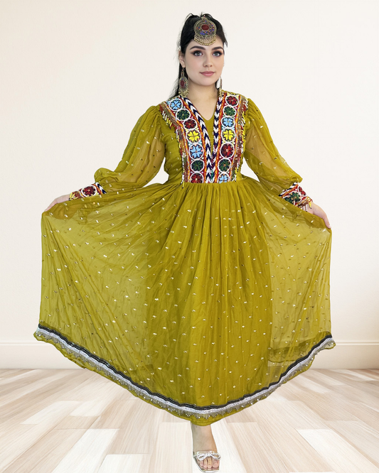 Olive Green Afghan Dress with Beaded Bodice and Mesh Skirt Sadat Boutique