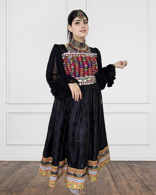 Midnight Royalty Afghan Dress with Bold Tribal Embroidery Sadat Boutique