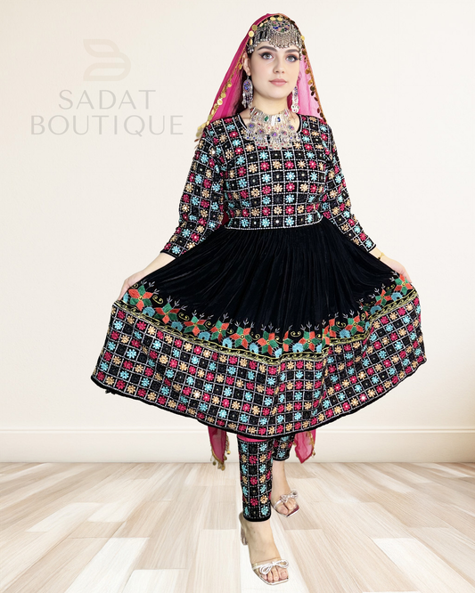 Noorani Charm Afghan Set – Embroidered Velvet Dress with Chori Pajama & Fuchsia Dupatta Sadat Boutique