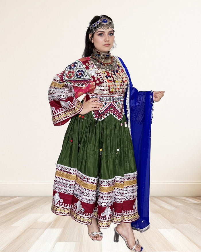 Green & Maroon Traditional Afghan Dress – Mirror Work & Grand Flare