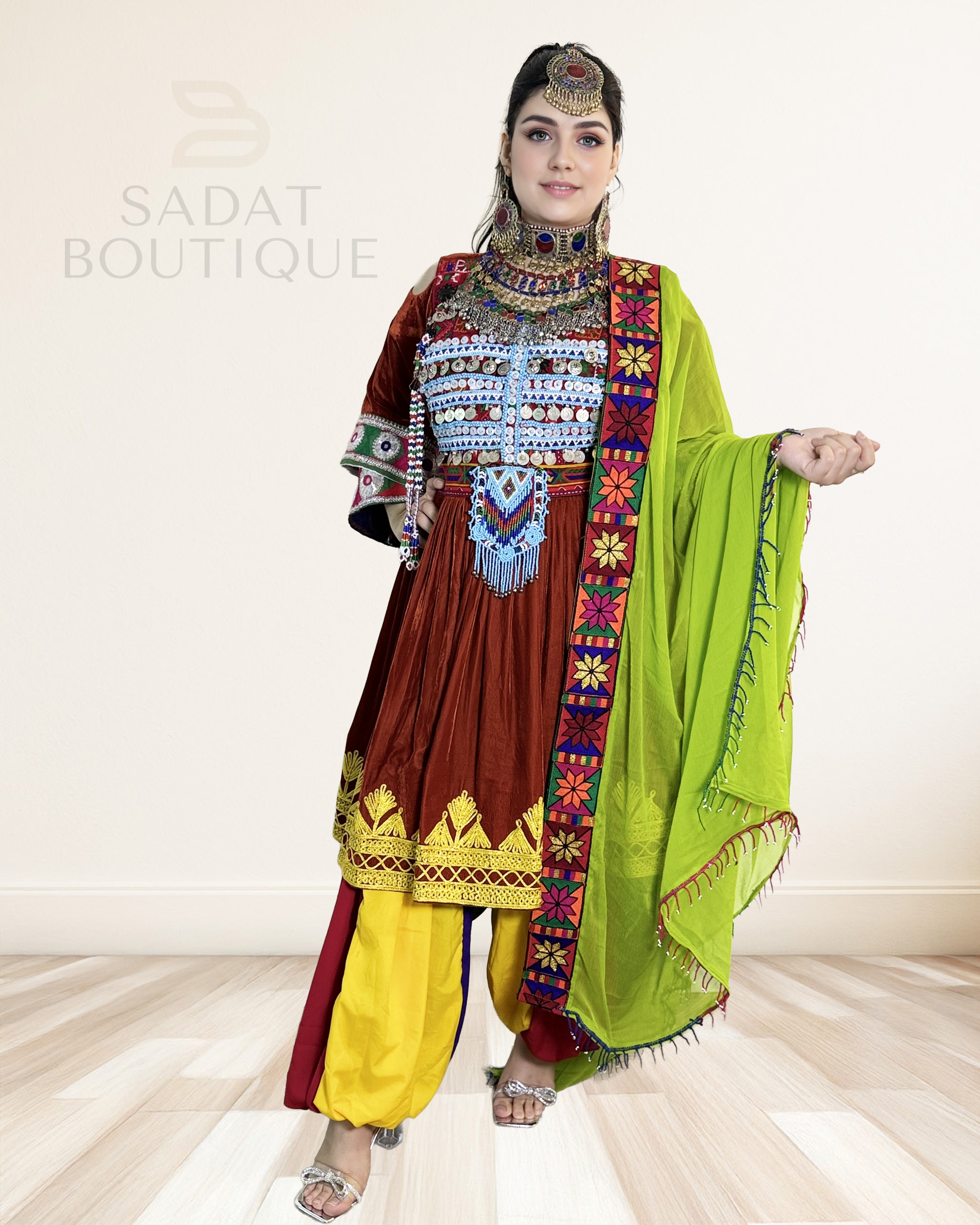Ziba Rust Velvet Afghan Dress Set Sadat Boutique