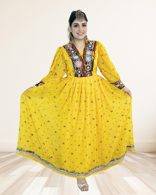 Traditional Afghan Dress with Beaded Bodice & Mesh Skirt Sadat Boutique