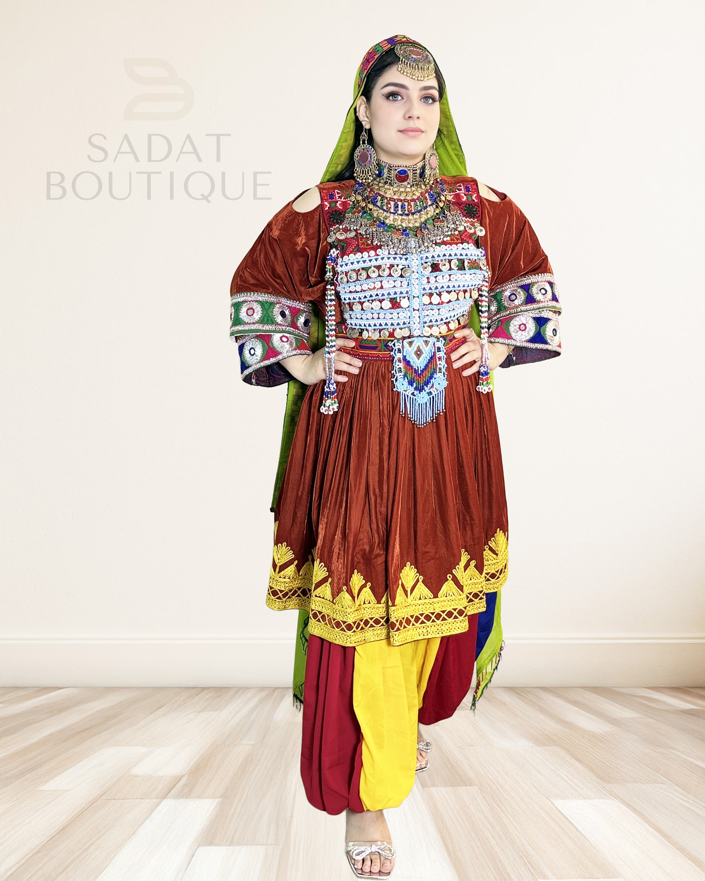 Ziba Rust Velvet Afghan Dress Set Sadat Boutique