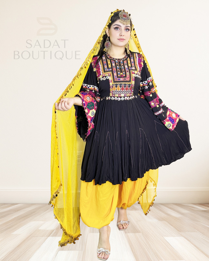 Sunshine Afghan Dress – Black & Yellow Traditional Ensemble with Bold Embroidery