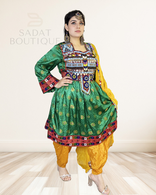 Emerald Green & Saffron Yellow Afghan Dress Sadat Boutique