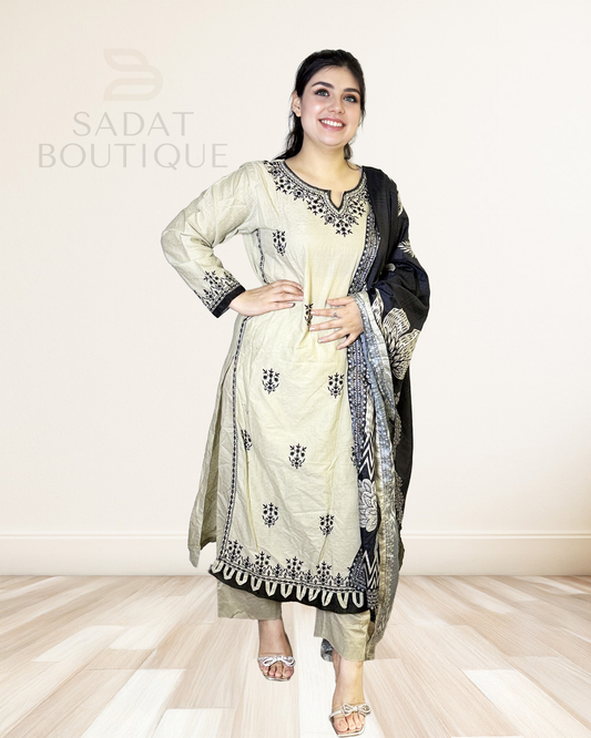 Elegant Beige & Black Floral Afghan Suit – Soft Cotton Embroidered Kurta with Contrasting Dupatta Sadat Boutique