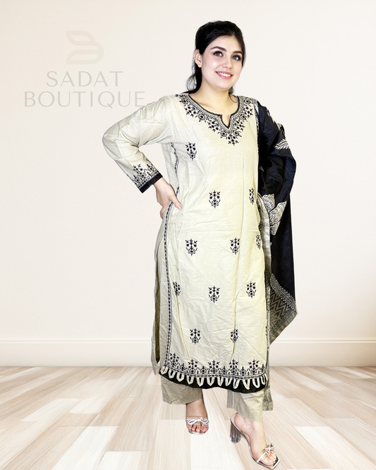 Elegant Beige & Black Floral Afghan Suit – Soft Cotton Embroidered Kurta with Contrasting Dupatta Sadat Boutique
