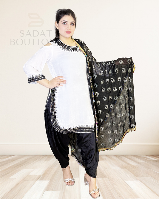 Chic White & Black Embroidered Afghan Suit – Velvet Finish with Open Shoulder & Patterned Dupatta Sadat Boutique
