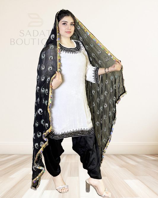 Chic White & Black Embroidered Afghan Suit – Velvet Finish with Open Shoulder & Patterned Dupatta Sadat Boutique