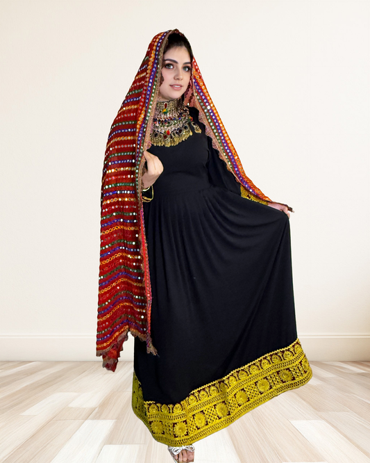 Black Afghan Dress with Golden Embroidered Hem & Traditional Shaw Sadat Boutique