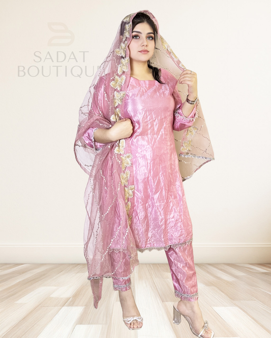 Traditional Pink Punjabi Suit – Glossy Silk Finish with Multicolor Mirror Work Dupatta Sadat Boutique