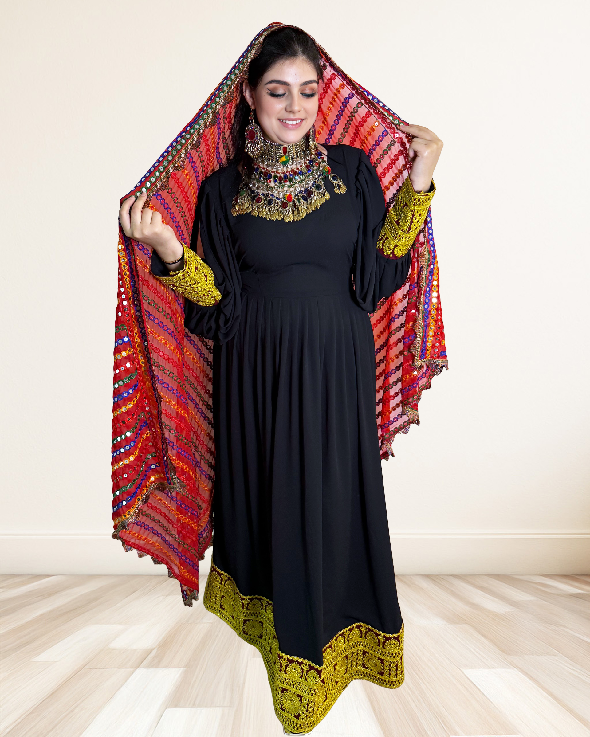 Black Afghan Dress with Golden Embroidered Hem & Traditional Shaw Sadat Boutique