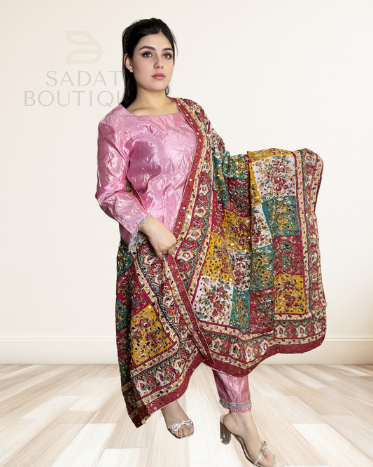 Traditional Pink Punjabi Suit – Glossy Silk Finish with Multicolor Mirror Work Dupatta Sadat Boutique