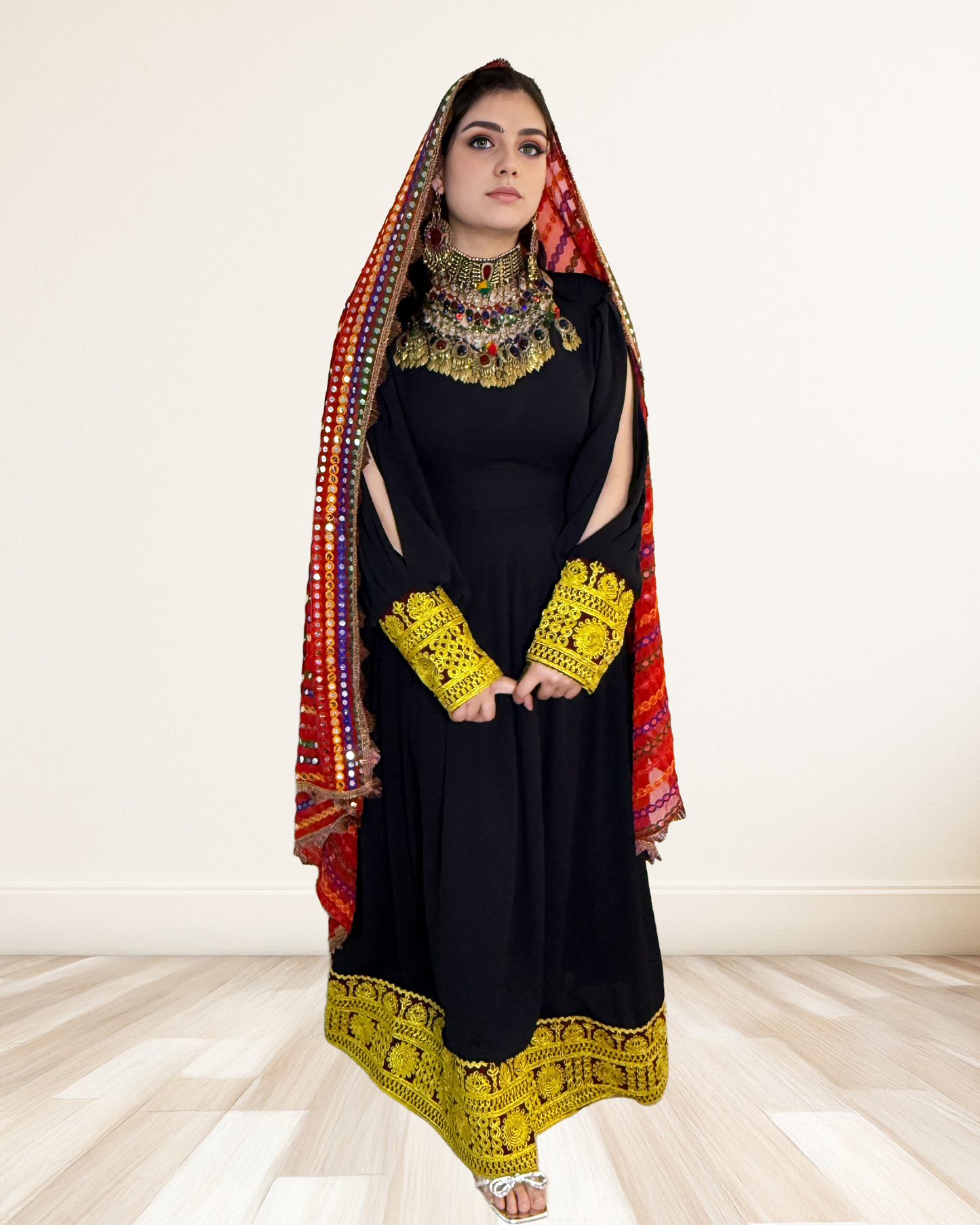 Black Afghan Dress with Golden Embroidered Hem & Traditional Shaw Sadat Boutique