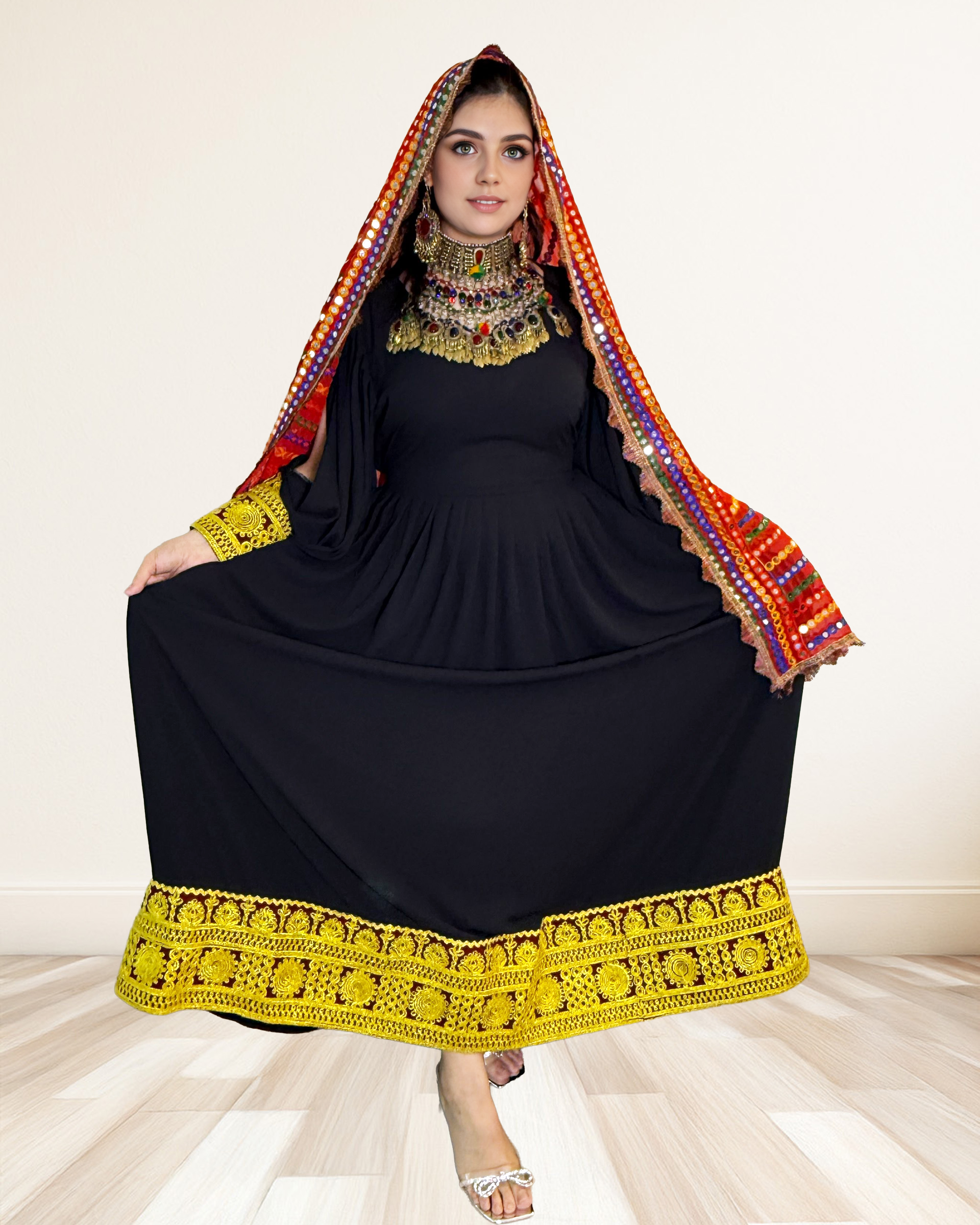 Black Afghan Dress with Golden Embroidered Hem & Traditional Shaw Sadat Boutique