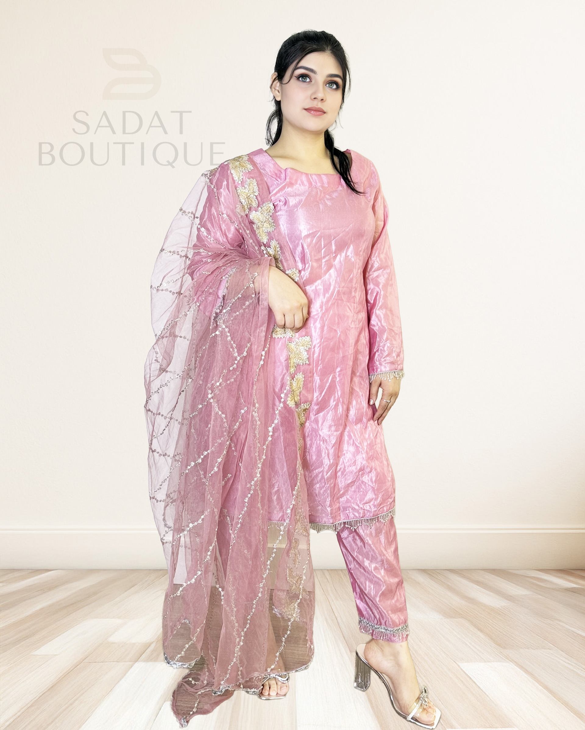 Traditional Pink Punjabi Suit – Glossy Silk Finish with Multicolor Mirror Work Dupatta Sadat Boutique