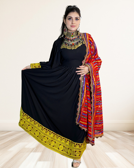 Black Afghan Dress with Golden Embroidered Hem & Traditional Shaw Sadat Boutique