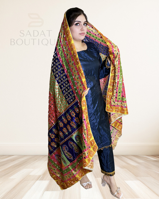 Navy Blue Punjabi Suit – Glossy Silk Ensemble with Vibrant Multicolor Phulkari Dupatta Sadat Boutique