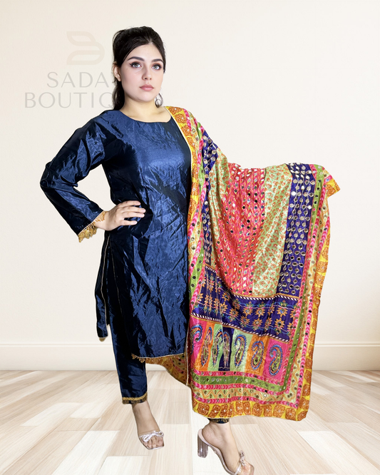 Navy Blue Punjabi Suit – Glossy Silk Ensemble with Vibrant Multicolor Phulkari Dupatta Sadat Boutique