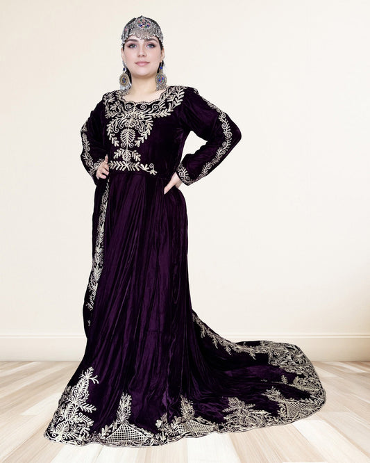 Deep Plum Velvet Formal Afghan Dress (Front & Back Detail) Sadat Boutique
