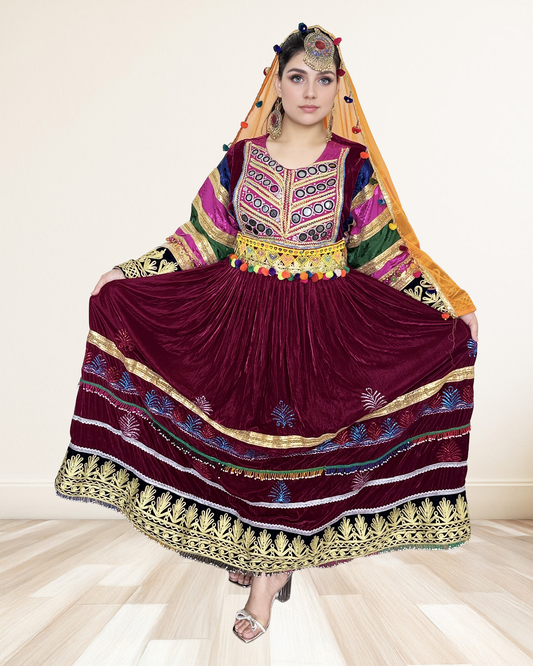 Maroon Velvet Afghan Dress – Royal Elegance with Golden & Pom-Pom Charm Sadat Boutique