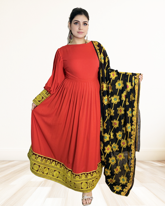 Red Afghan Dress with Golden Embroidery & Black Floral Shawl. Sadat Boutique