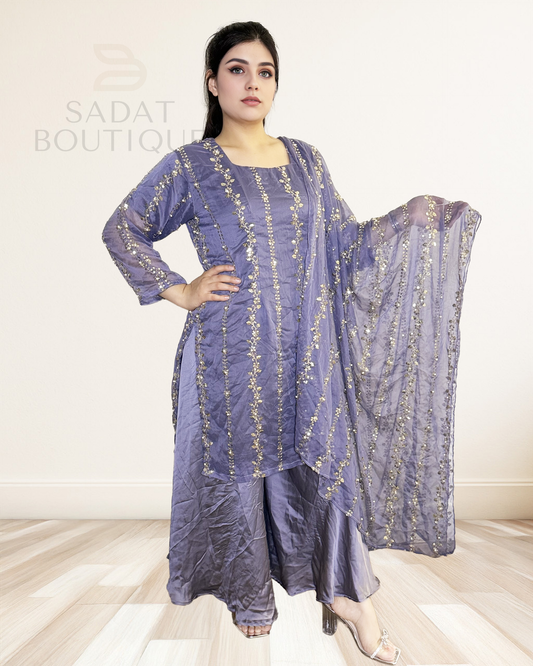 Smoky Lavender Embellished Set – Graceful Shine in a Breezy Silhouette Sadat Boutique