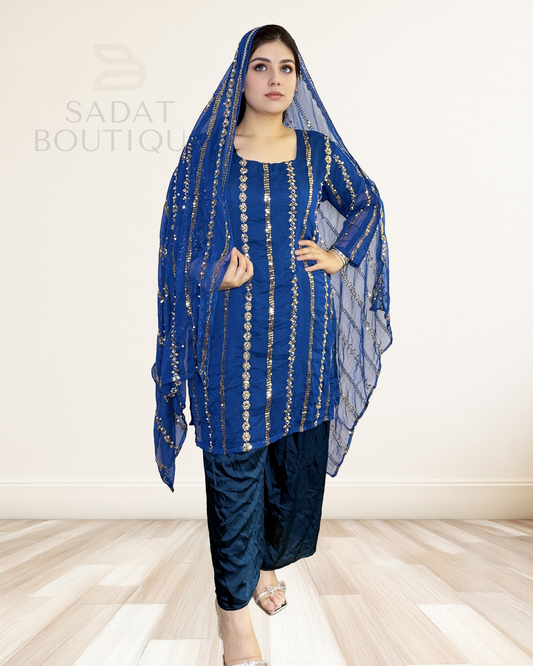 Royal Blue Sequin Striped Ensemble – Timeless Elegance with a Festive Touch Sadat Boutique