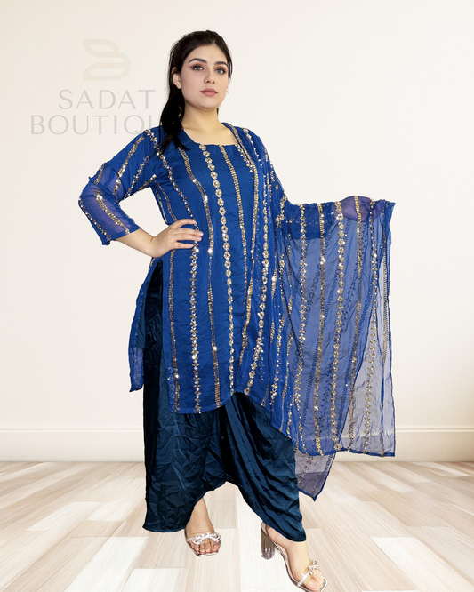 Royal Blue Sequin Striped Ensemble – Timeless Elegance with a Festive Touch Sadat Boutique