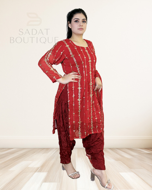 Classic Crimson Gold Salwar Kameez – Elegant Sparkle for Every Occasion Sadat Boutique