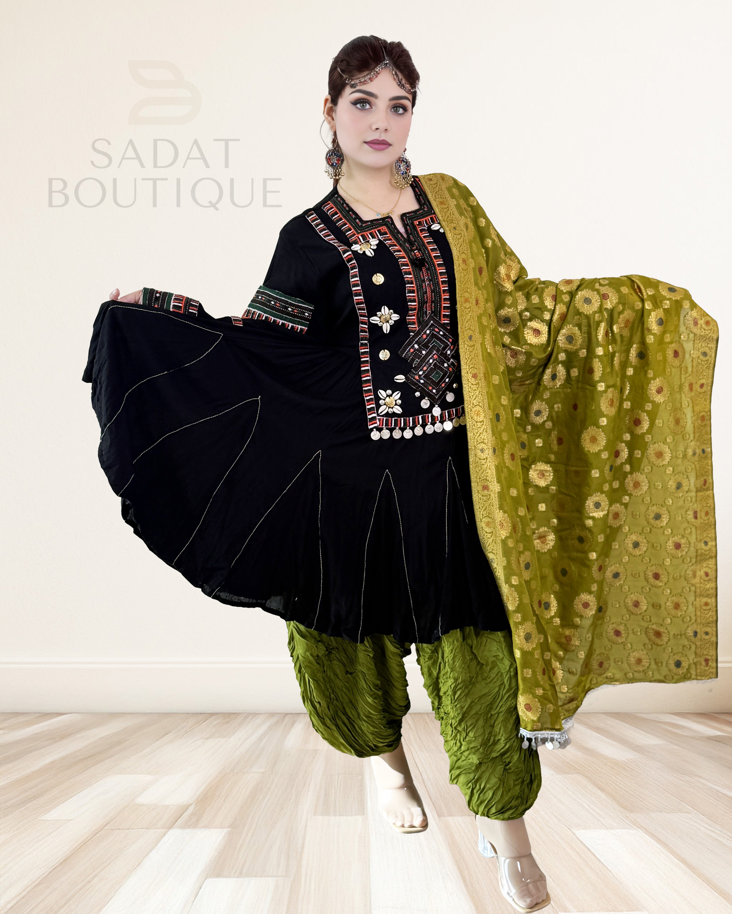 Elegant Black & Olive Traditional Afghan Dress Sadat Boutique