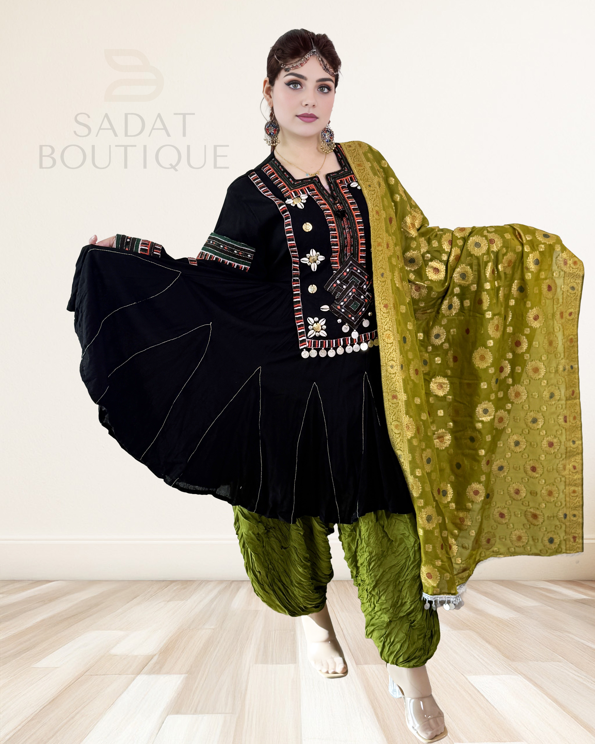 Elegant Black & Olive Traditional Afghan Dress Sadat Boutique
