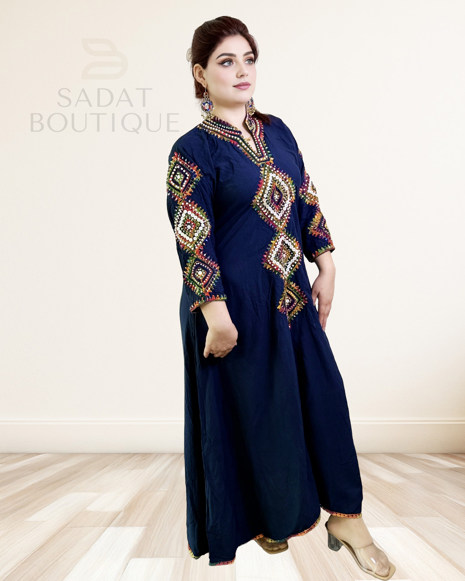 Traditional Dress – Navy Blue with Geometric Embroidery | Sadat Boutique Sadat Boutique