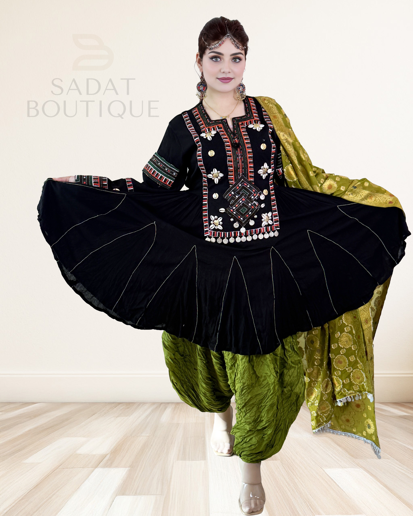 Elegant Black & Olive Traditional Afghan Dress Sadat Boutique