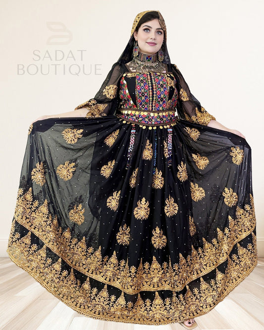 Black & Gold Afghan Traditional Dress Sadat Boutique