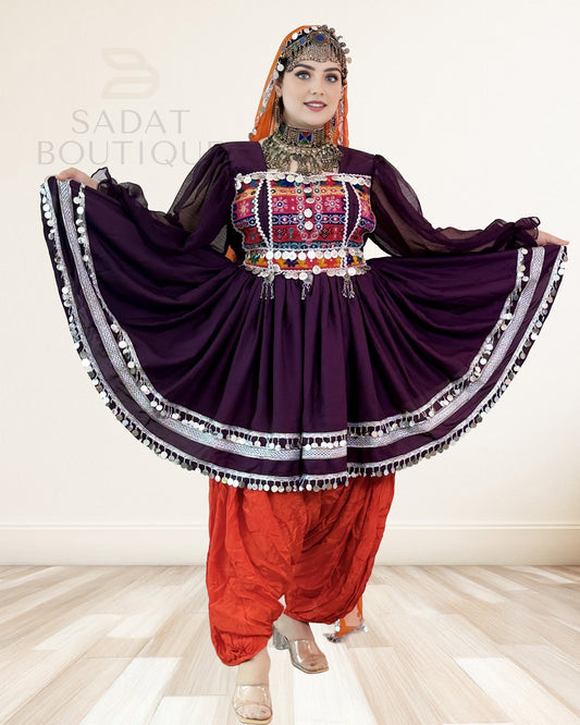 Aubergine Kuchi Embroidered Kurti with Patiala Salwar & Mirrorwork Dupatta – 3-Piece Sadat Boutique