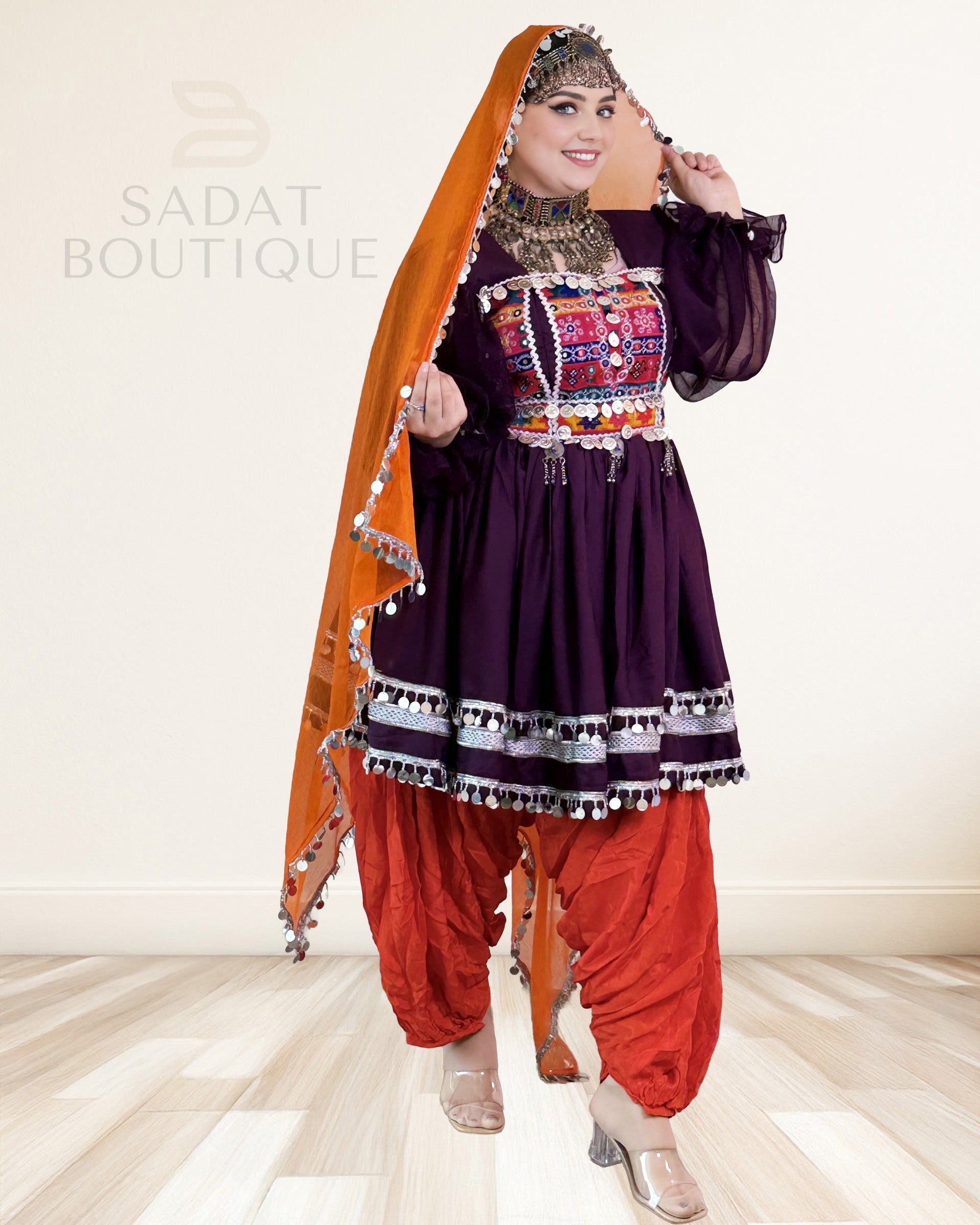 Aubergine Kuchi Embroidered Kurti with Patiala Salwar & Mirrorwork Dupatta – 3-Piece Sadat Boutique