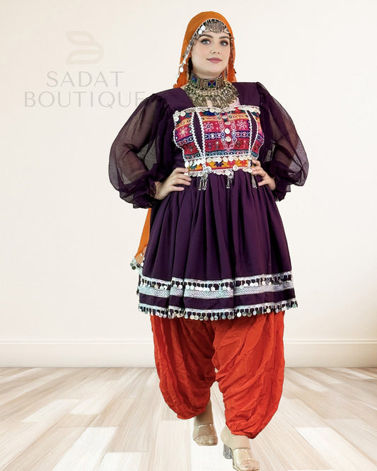 Aubergine Kuchi Embroidered Kurti with Patiala Salwar & Mirrorwork Dupatta – 3-Piece Sadat Boutique