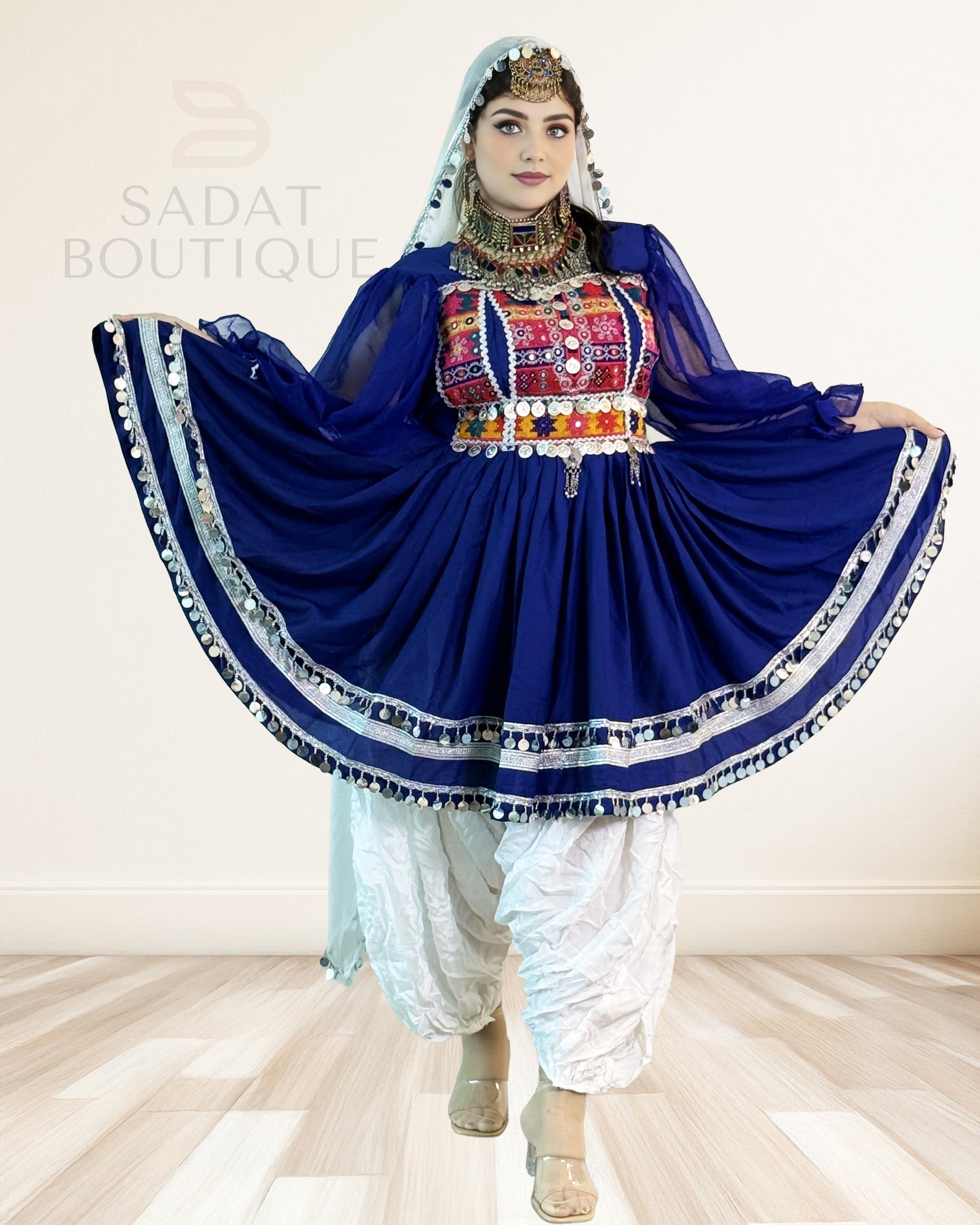 Royal Blue Kuchi Embroidered Kurti with Patiala Salwar & Mirrorwork Dupatta – 3-Piece Sadat Boutique