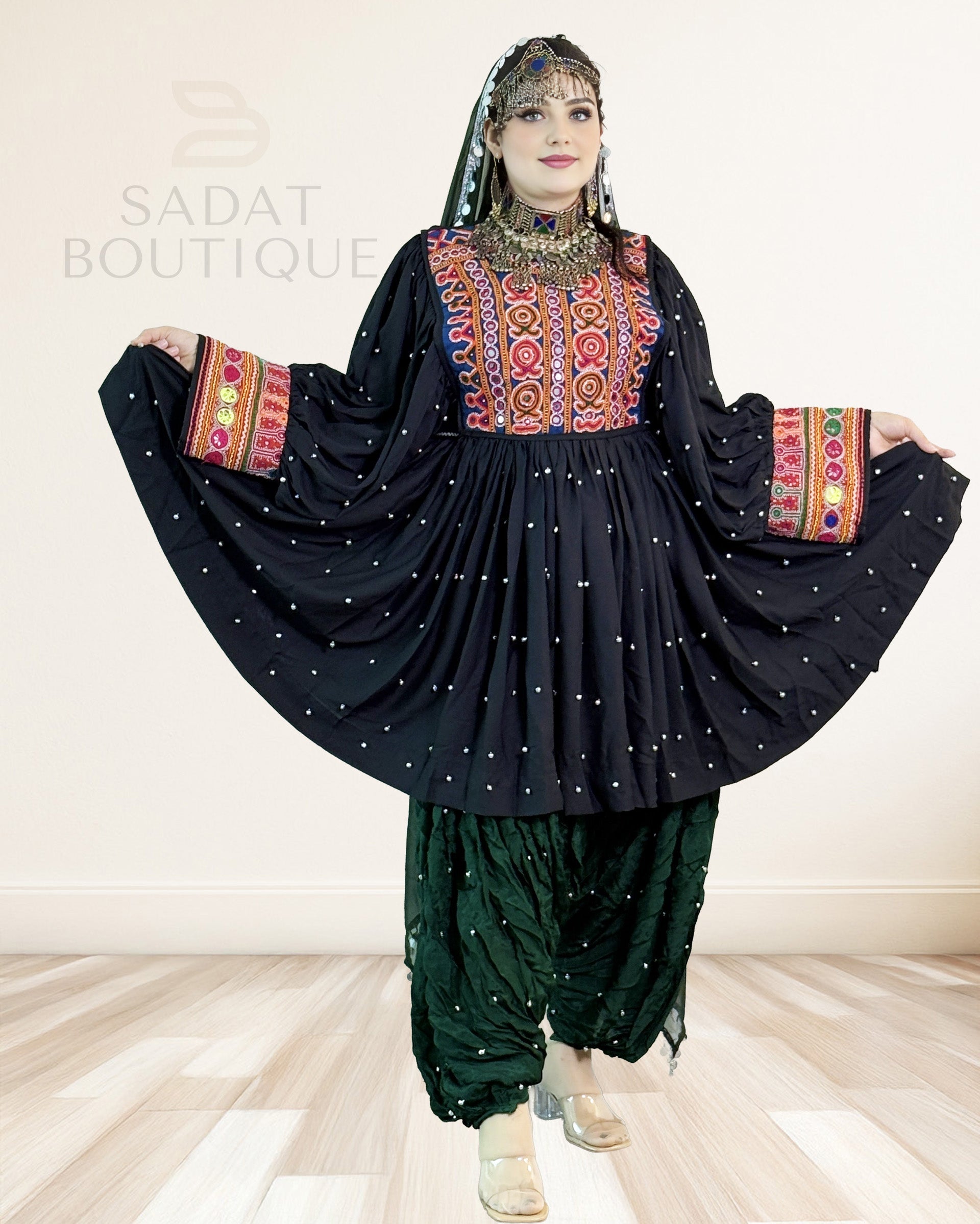 Black Afghan Embroidered Kurti Set with Patiala Salwar – Mirrorwork 3-Piece Sadat Boutique