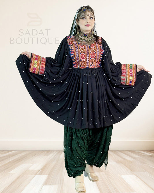 Black Afghan Embroidered Kurti Set with Patiala Salwar – Mirrorwork 3-Piece Sadat Boutique
