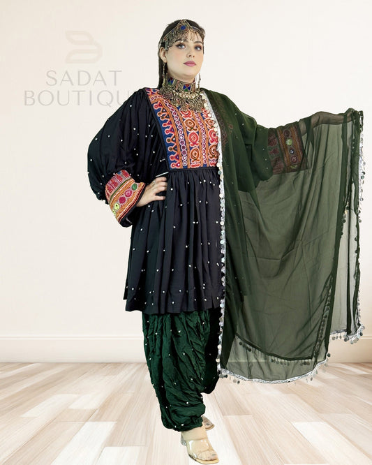 Black Afghan Embroidered Kurti Set with Patiala Salwar – Mirrorwork 3-Piece Sadat Boutique