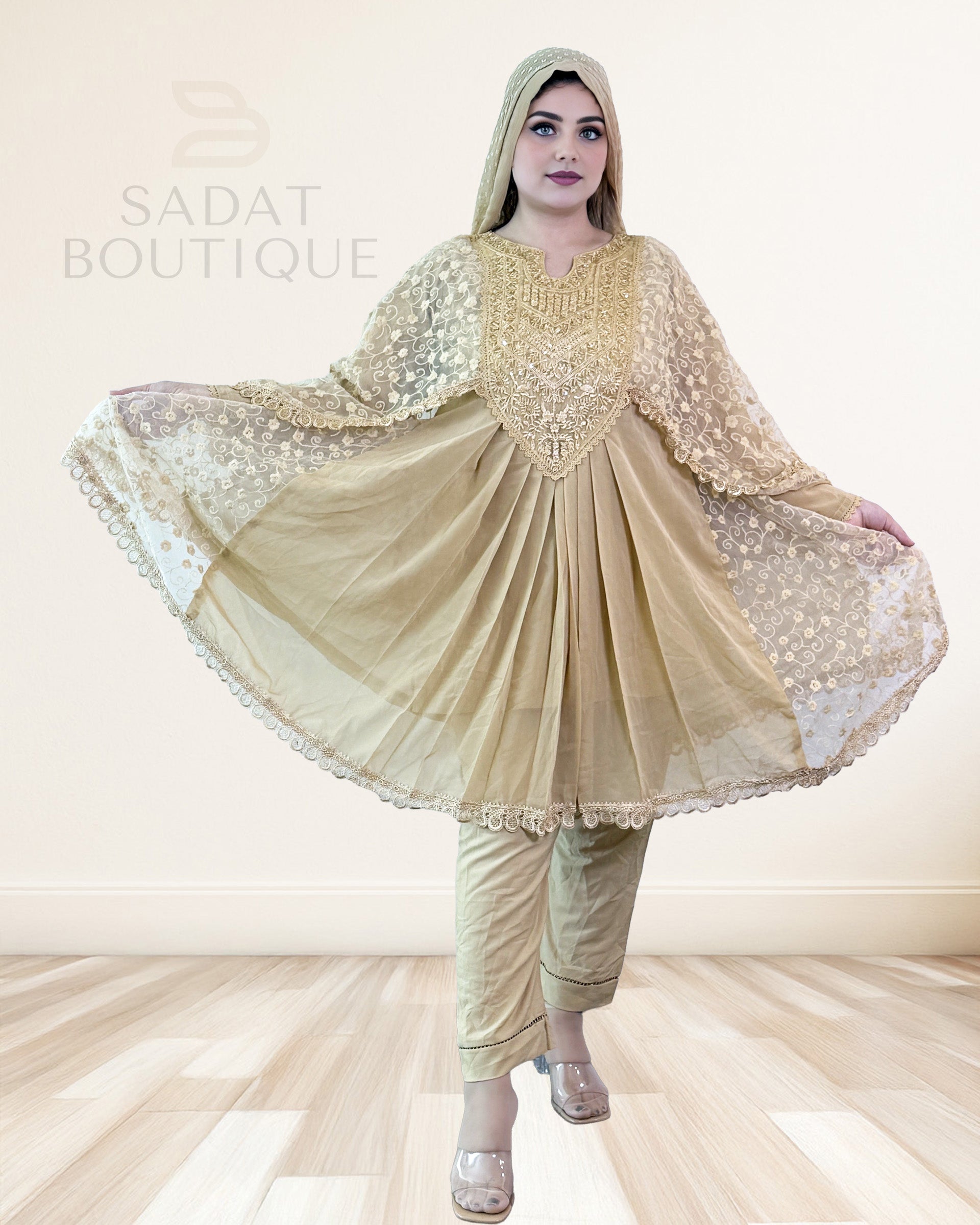 Golden Beige Embroidered Cape Kurti Set – 3-Piece Sadat Boutique