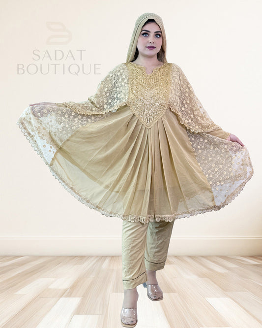 Golden Beige Embroidered Cape Kurti Set – 3-Piece Sadat Boutique