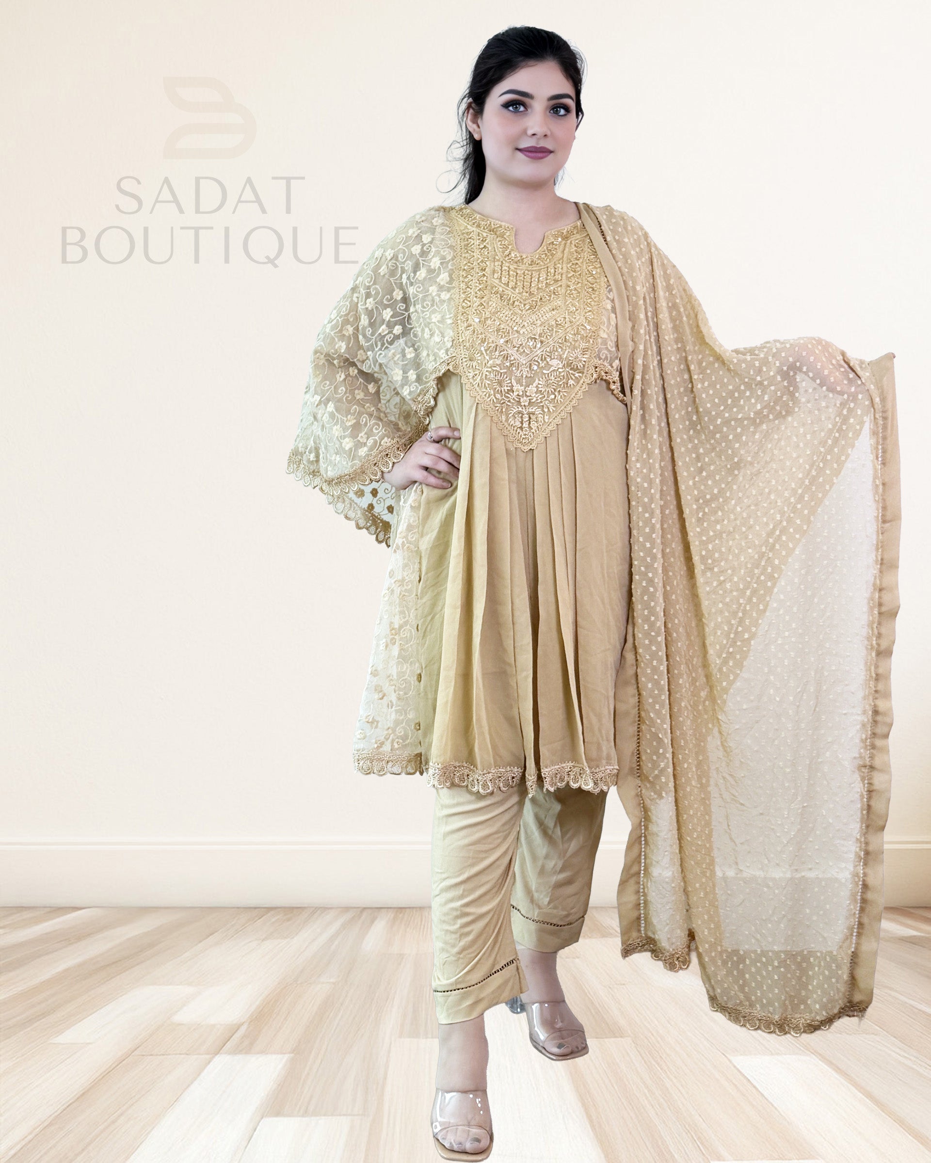Golden Beige Embroidered Cape Kurti Set – 3-Piece Sadat Boutique