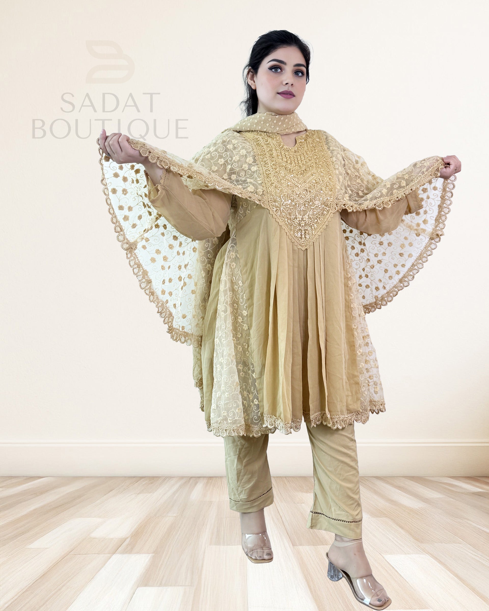 Golden Beige Embroidered Cape Kurti Set – 3-Piece Sadat Boutique